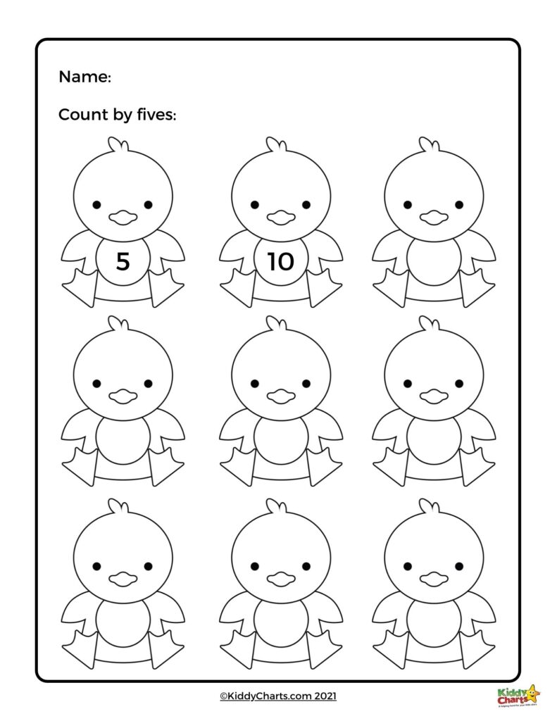 A counting-by-fives worksheet with nine outlined chicks; the first two are labeled 5 and 10, and the remaining chicks are blank.