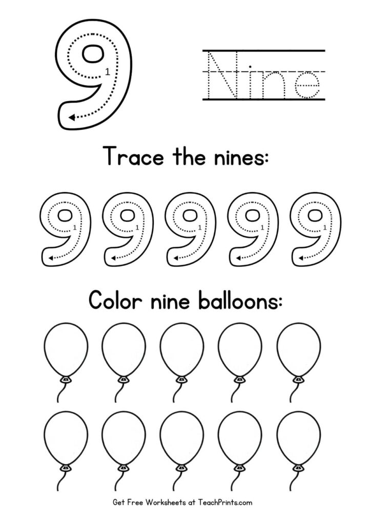 Number 9 worksheet with a large tracing numeral, a row of smaller nines to trace, and ten outlined balloons to color.