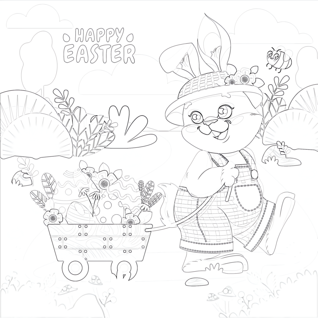 Easter coloring page showing a smiling rabbit in a decorated hat and overalls beside a flower-filled cart, with a bee, plants, and “Happy Easter” lettering.