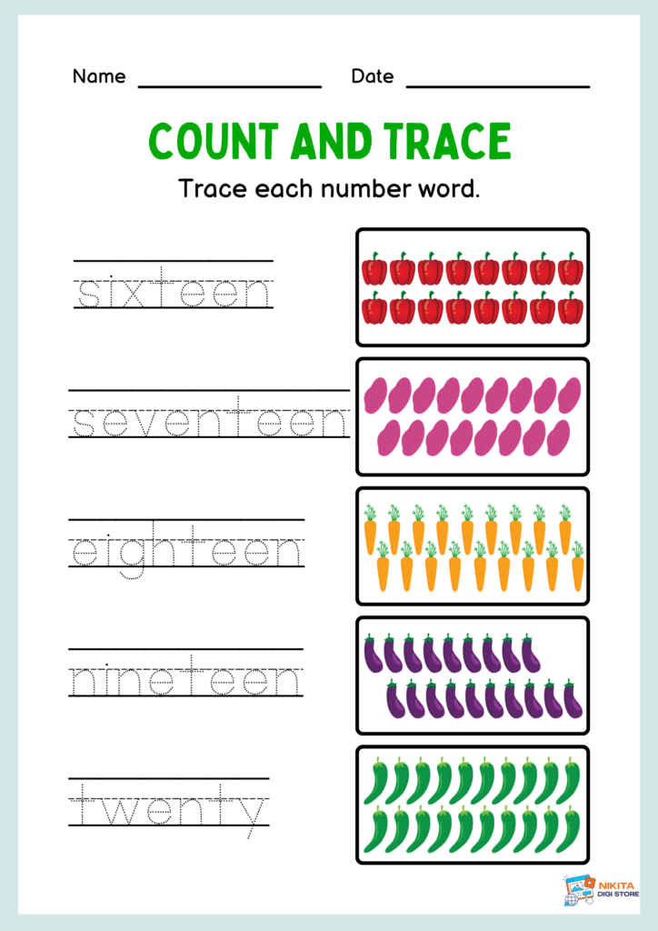 Preschool worksheet titled “Count and Trace,” with dotted number words to trace and groups of illustrated vegetables for counting.