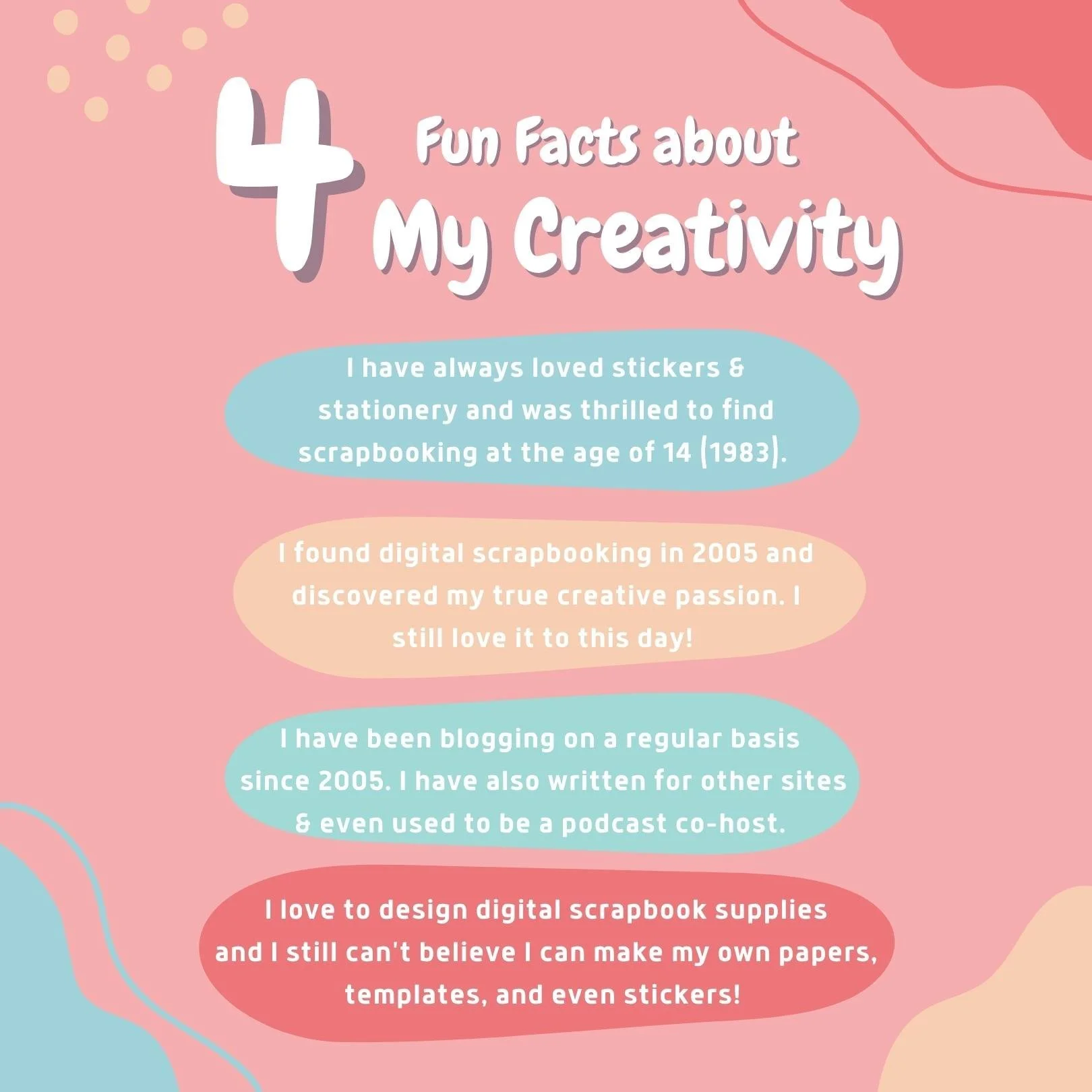 A pink infographic titled “4 Fun Facts about My Creativity,” with four colored text panels about scrapbooking, blogging, and designing digital scrapbook supplies.