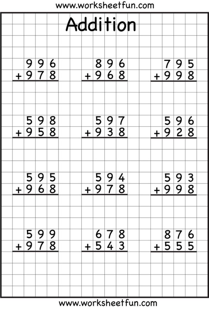 A gridded addition worksheet with twelve vertical three-digit addition problems, headed “Addition,” and blank space for working out answers.