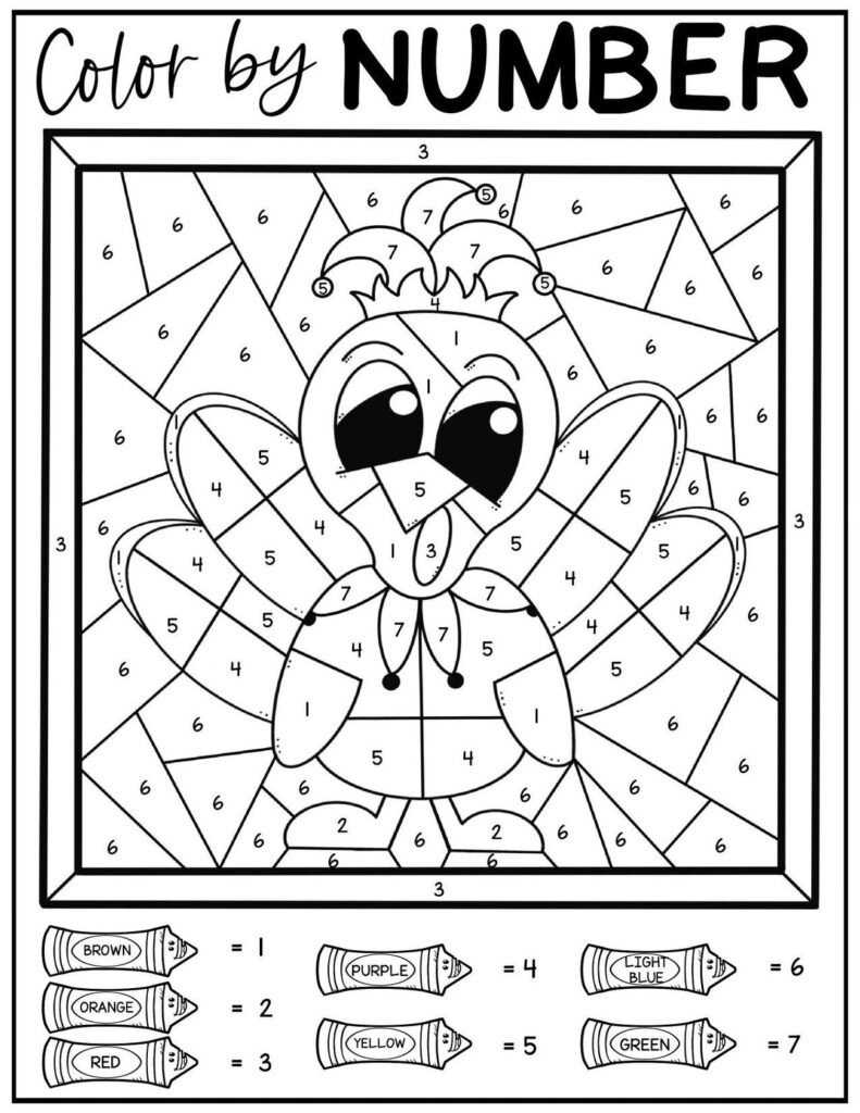 Color-by-number worksheet featuring a cartoon turkey surrounded by numbered background sections, with a crayon color key along the bottom.