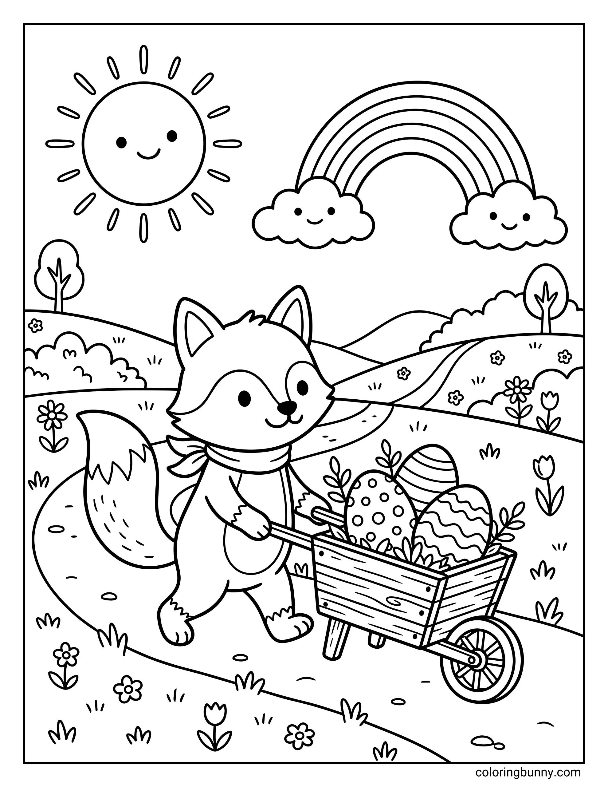 Black-and-white coloring page of a smiling rabbit pushing a wheelbarrow filled with decorated Easter eggs, with flowers, hills, a smiling sun, and a rainbow.