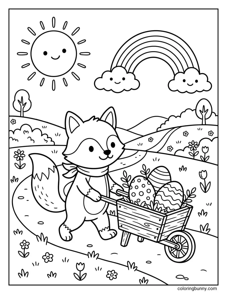 Black-and-white coloring page of a smiling fox pushing a wheelbarrow filled with decorated Easter eggs through a flowered landscape, with a sun and rainbow.