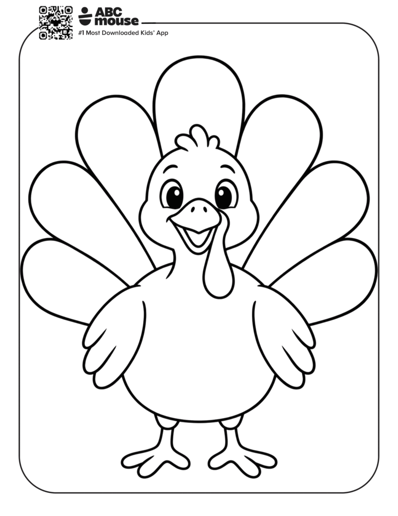 A smiling cartoon turkey with spread tail feathers stands centered inside a rounded rectangular border, drawn in bold black outlines for coloring.