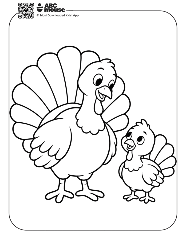 Black-and-white coloring page showing a large turkey with a fanned tail beside a smaller chick.