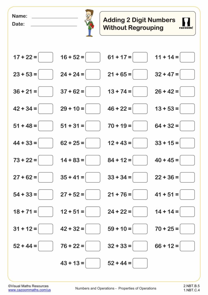 A worksheet titled “Adding 2 Digit Numbers Without Regrouping,” with rows of addition problems and blank answer boxes.