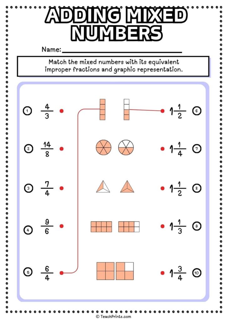 A worksheet titled “Adding Mixed Numbers” shows improper fractions, mixed-number choices, and shaded fraction models to match; one example is connected with a red line.