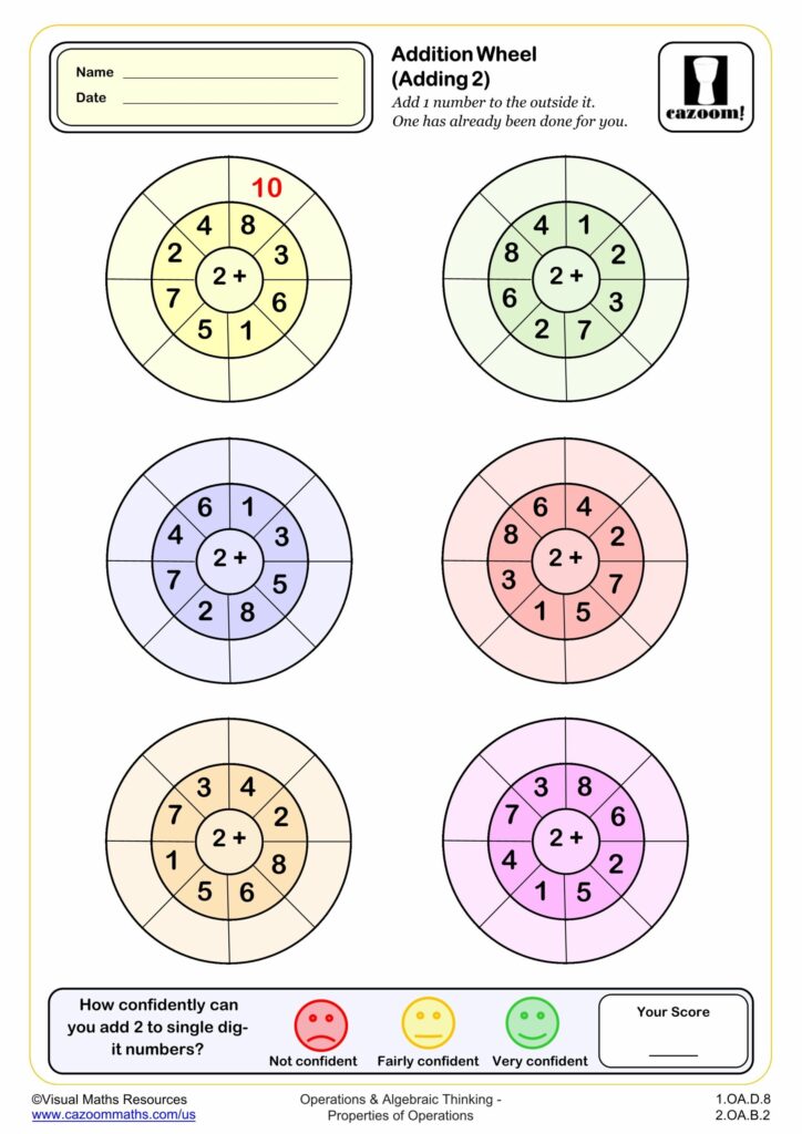 An addition worksheet with six colored number wheels: students add 2 to the single-digit numbers in each wheel and complete a confidence check and score box.