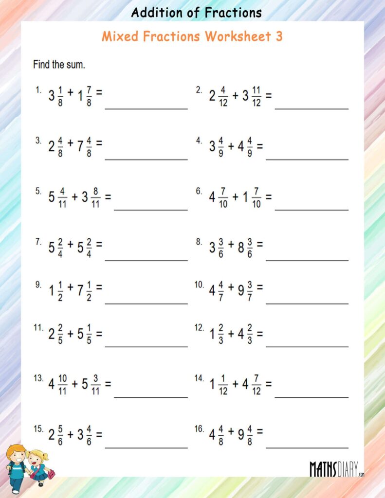 A mixed fractions worksheet with 16 addition problems and blank lines for students to write their sums.