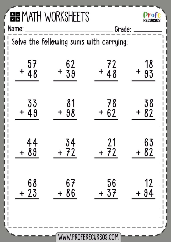 A math worksheet with sixteen two-digit addition problems arranged in four rows, headed “Solve the following sums with carrying,” with name and grade lines.
