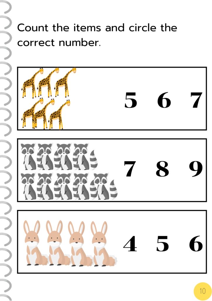 Counting worksheet with rows of giraffes, raccoons, and rabbits alongside number choices; students are instructed to count each group and circle the correct number.