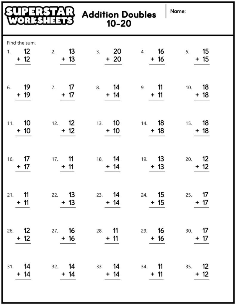 A black-and-white “Addition Doubles 10–20” worksheet with 35 vertical addition problems and blank answer lines.
