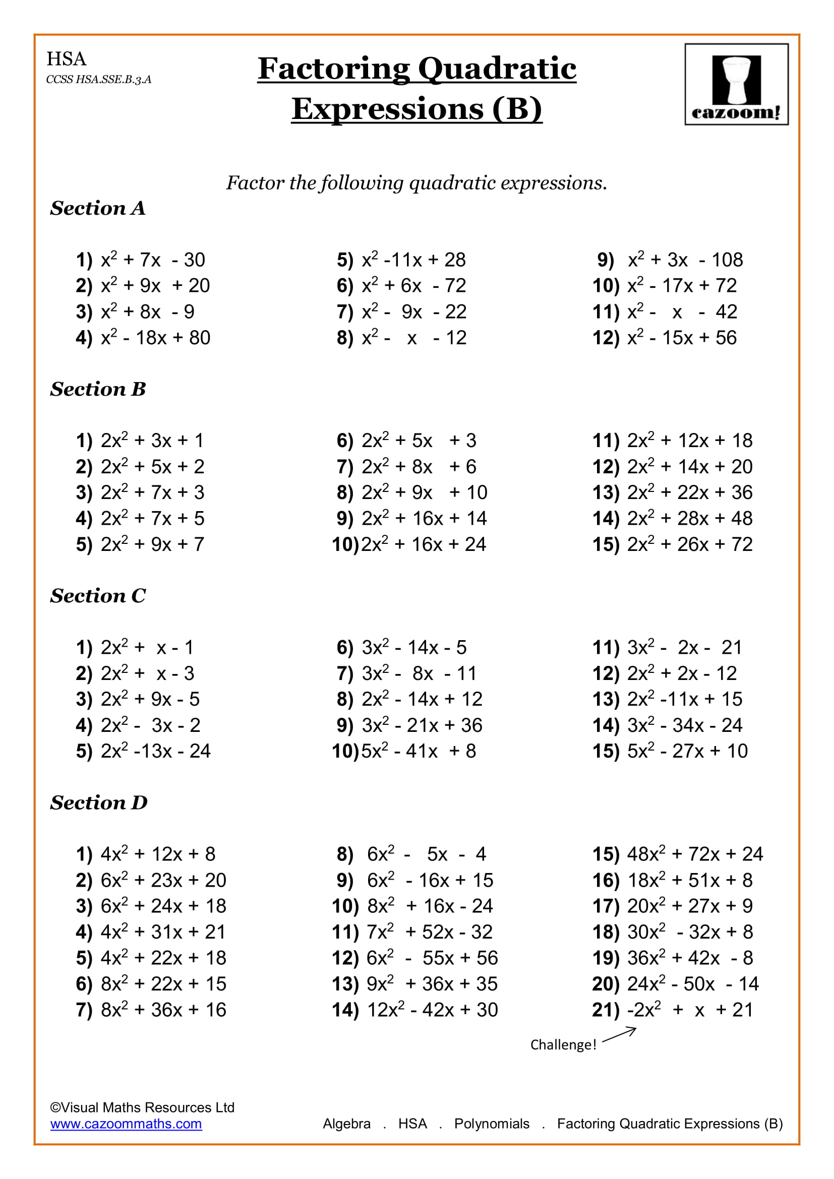 A printed algebra worksheet titled “Factoring Quadratic Expressions (B),” with four sections of quadratic factoring problems and a challenge question.