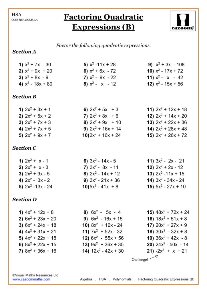 An algebra worksheet titled “Factoring Quadratic Expressions (B)” with four sections of quadratic factoring problems, from basic trinomials to expressions with larger coefficients.