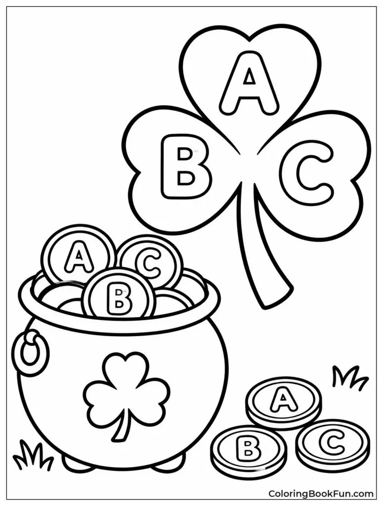 A coloring page showing a large three-leaf clover labeled A, B, and C, with a pot of lettered coins and loose coins beside it.