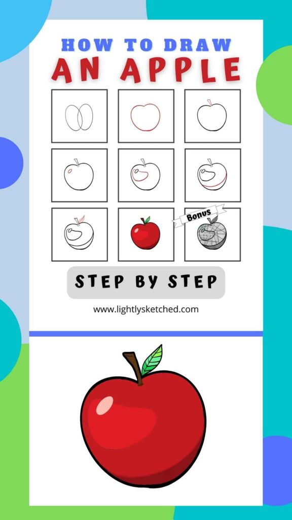 A step-by-step guide shows boxed stages for drawing an apple, followed by a large red apple with a green leaf.