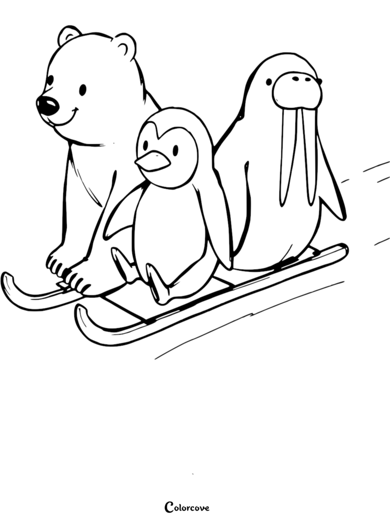 A bear, penguin, and walrus ride together on a sled in a simple black-and-white coloring-page illustration.