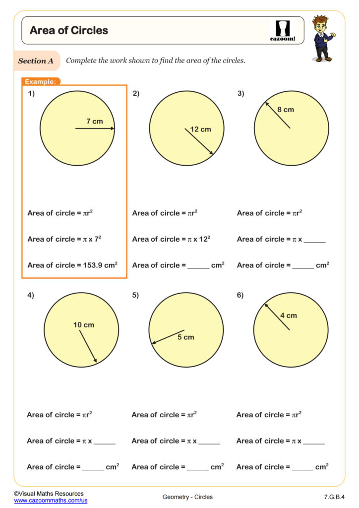 A geometry worksheet titled “Area of Circles” asks students to calculate circle areas using labeled measurements and fill-in equations. One worked example is followed by five practice problems.