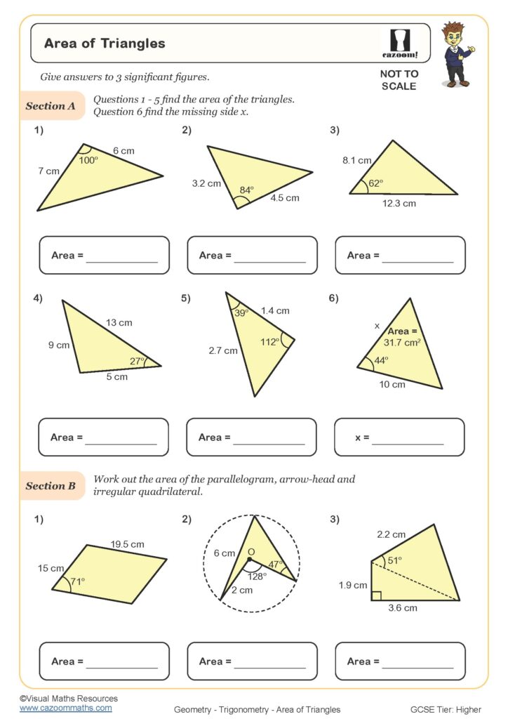 Geometry worksheet titled “Area of Triangles,” with triangle area problems, missing-side questions, and exercises on parallelograms and irregular quadrilaterals. Diagrams show measurements and angles, with blank answer spaces.