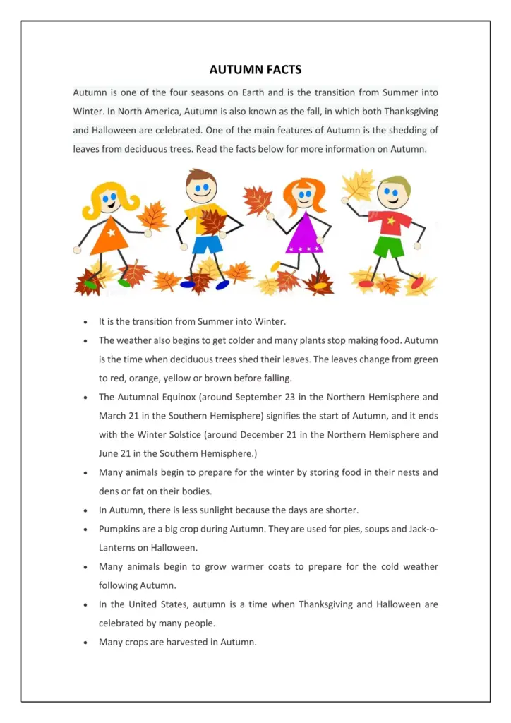 An educational page titled “Autumn Facts,” with an illustration of children playing among fallen leaves and a bulleted list about seasonal weather, equinoxes, animals, pumpkins, and harvests.