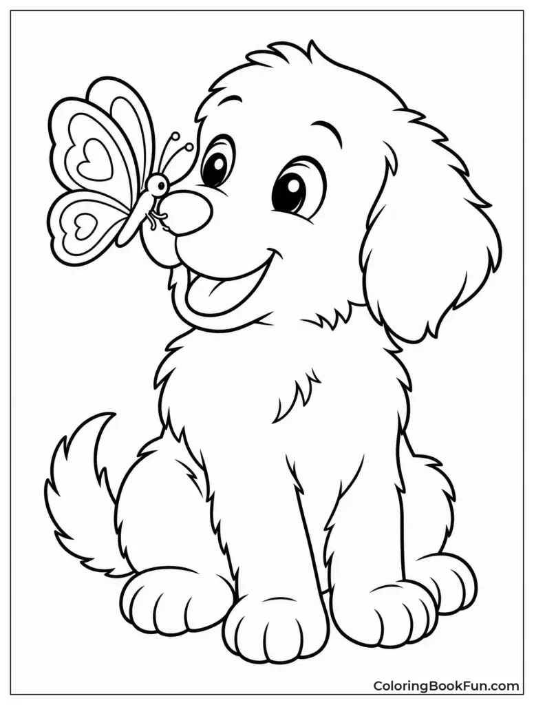 A fluffy puppy sitting and smiling at a butterfly near its nose, drawn in bold black outlines for coloring.