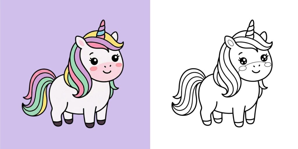 A cute baby unicorn coloring page with a flowing mane and tail, striped horn, and large eyes.