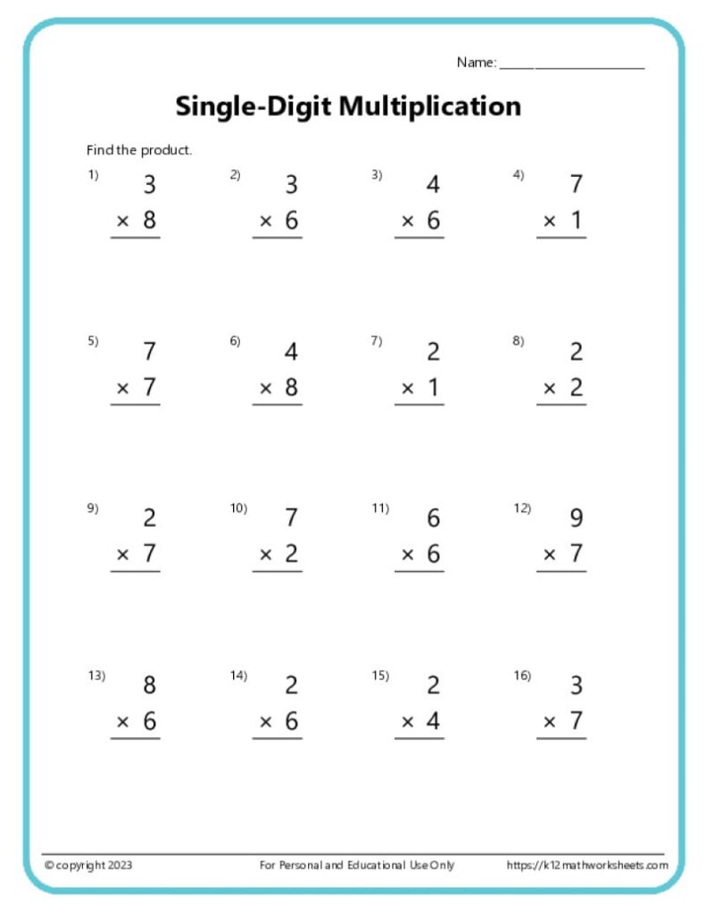 A single-digit multiplication worksheet with 16 vertical problems, a name line, and space to write answers.