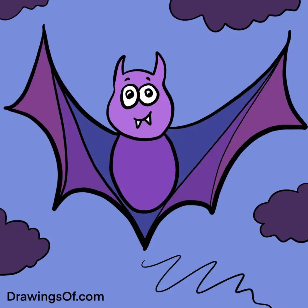 A cartoon purple bat with large eyes and outstretched wings flies against a blue sky with dark clouds.
