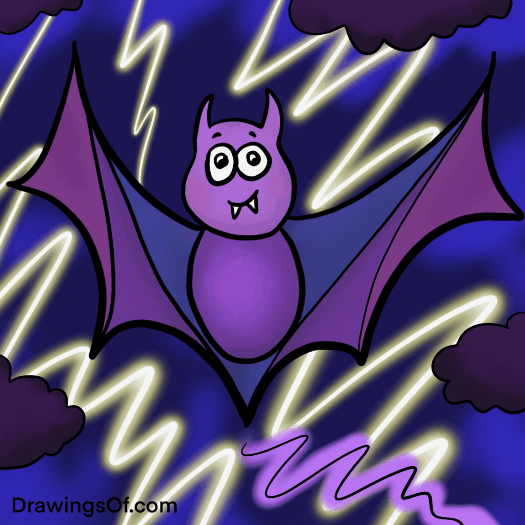 A wide-eyed purple cartoon bat spreads its wings against a dark blue, lightning-filled night sky.