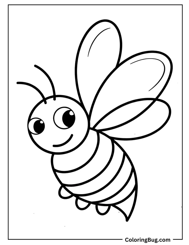 A smiling cartoon bee with large eyes, curved antennae, striped body, and three outlined wings, drawn in black on a white page.