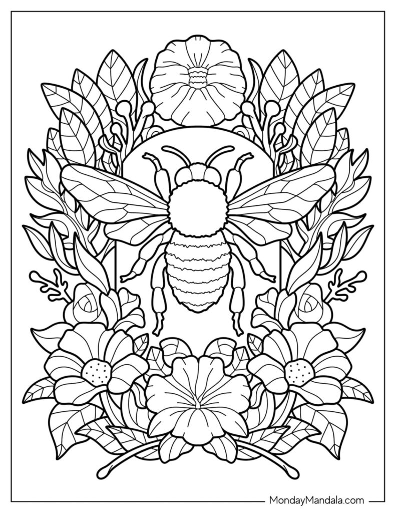 A large bee with spread wings is surrounded by detailed flowers and leaves in a floral coloring-page design.