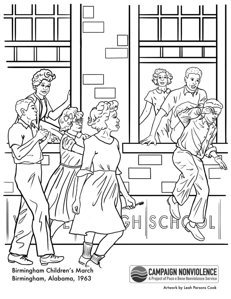 Black-and-white outline illustration of children marching past a school, with adults visible in the windows. The caption identifies the Birmingham Children’s March in Birmingham, Alabama, 1963.