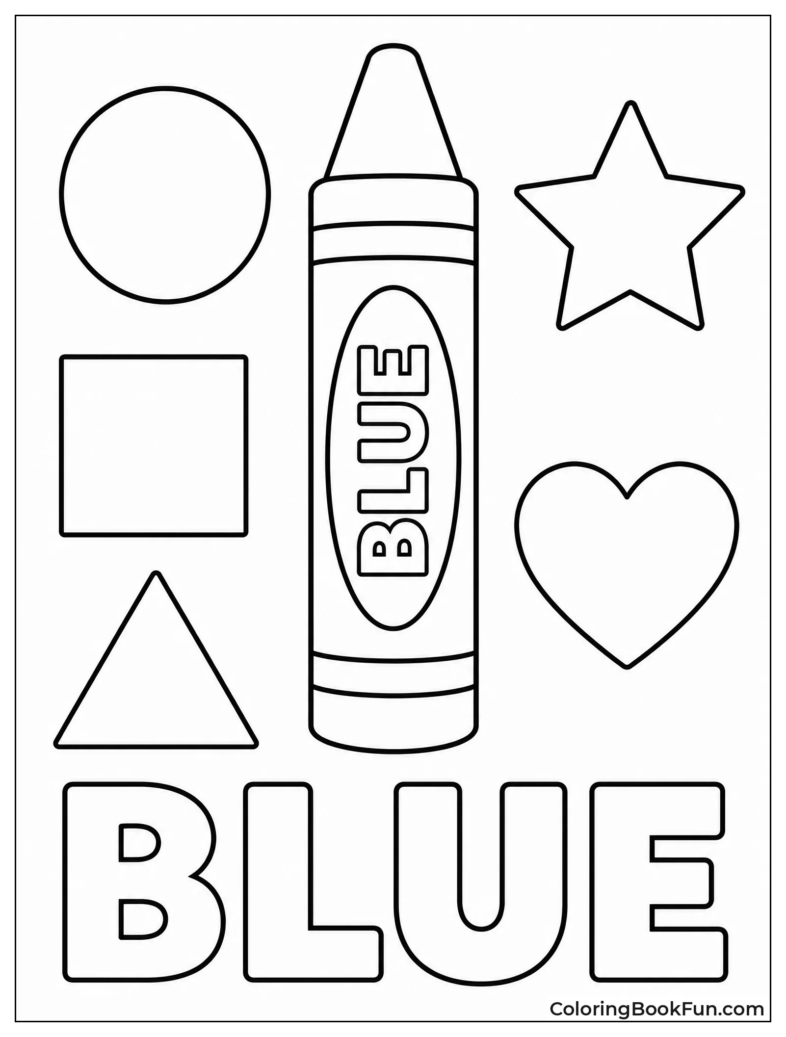 A coloring page with the outlined word “BLUE,” a large crayon, and star, heart, circle, triangle, and cloud shapes.