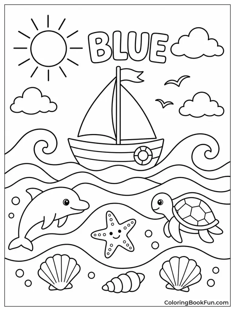 A coloring page labeled “BLUE” shows a sailboat, sun, clouds, waves, a dolphin, a turtle, a starfish, and seashells.