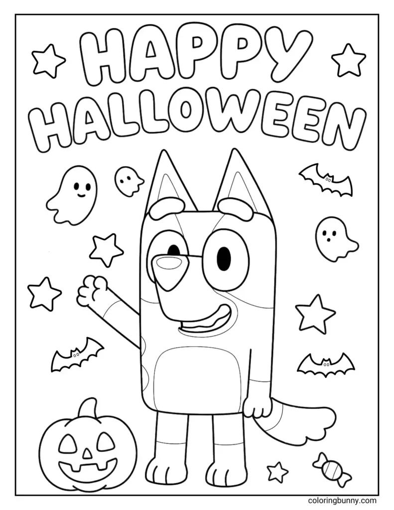 Halloween coloring page showing a smiling costumed character with a pumpkin, ghosts, bats, stars, and “Happy Halloween” lettering.