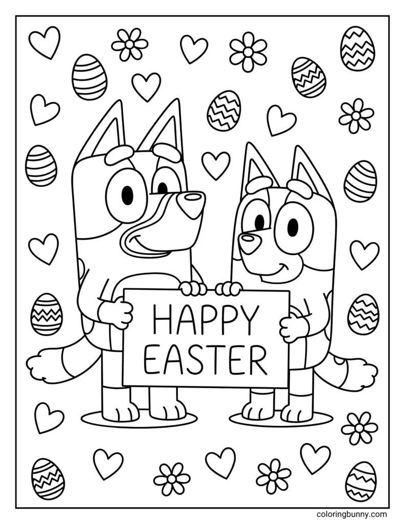 Easter coloring page showing two cartoon dogs holding a “Happy Easter” sign, surrounded by decorated eggs, flowers, and hearts.