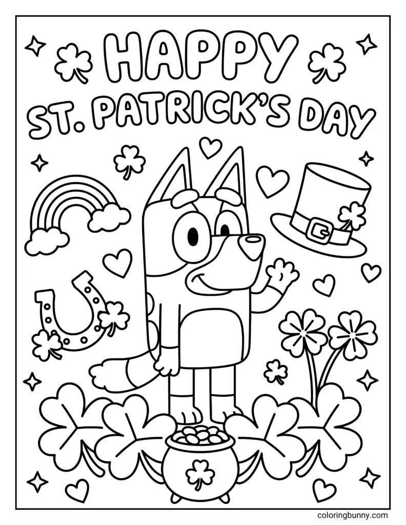 St. Patrick’s Day coloring page featuring a cartoon dog in a hat, surrounded by shamrocks, a rainbow, a horseshoe, hearts, and a pot of gold.