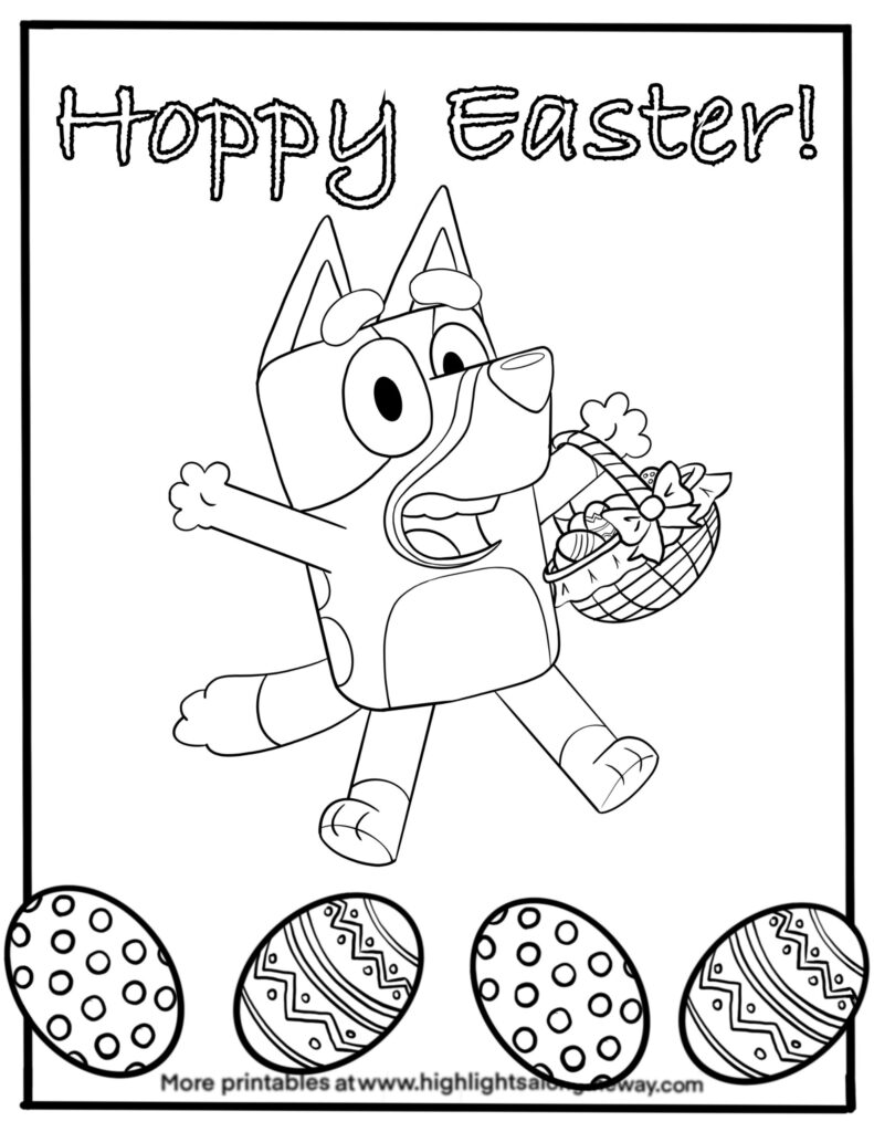 Easter coloring page showing a cheerful cartoon character carrying a basket of decorated eggs, with four patterned eggs along the bottom and “Happy Easter!” lettering.