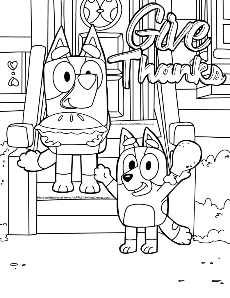 Black-and-white coloring page of two cartoon dogs outside a house, one holding a drumstick, beneath the words “Give Thanks.”.