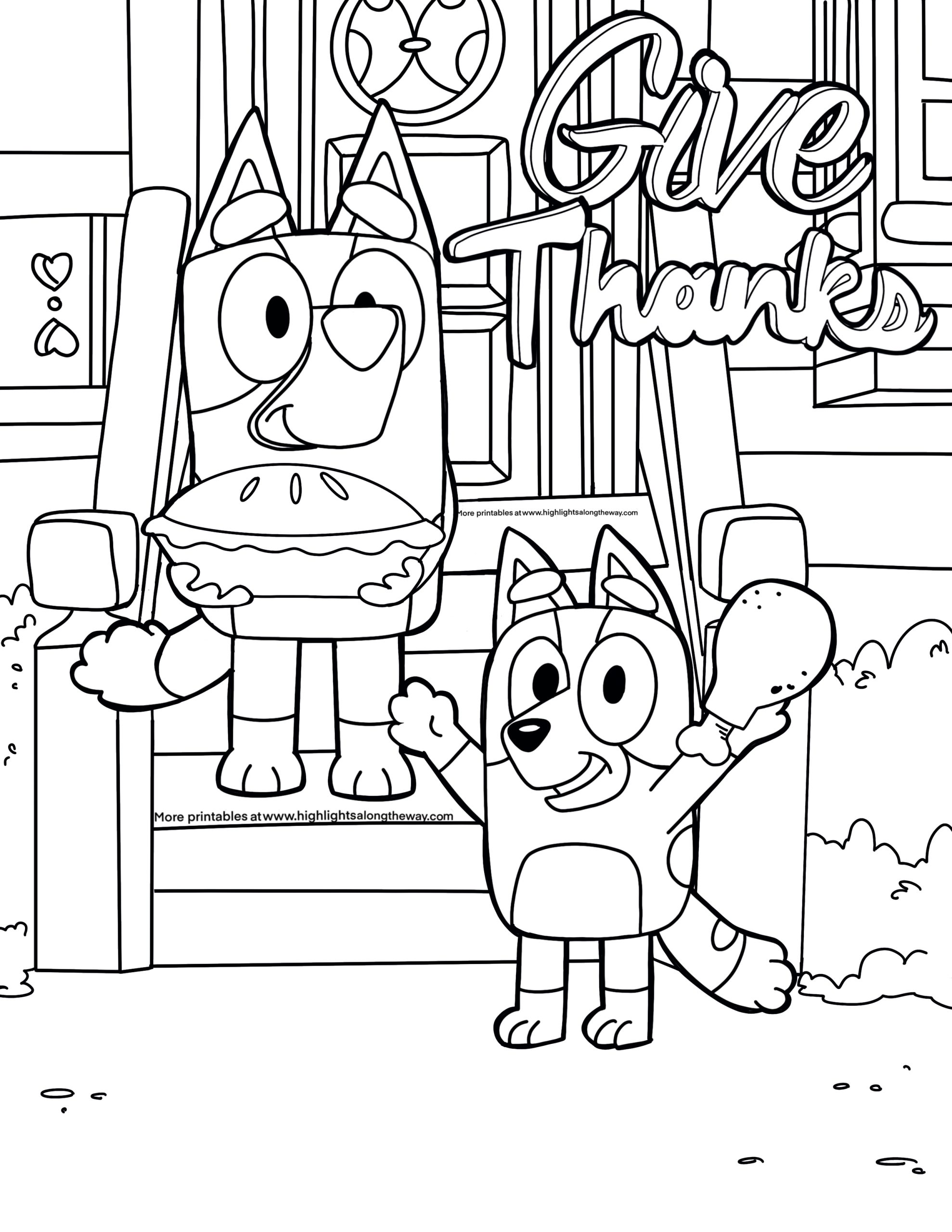 Black-and-white coloring page of two cartoon dogs outside a house, one holding a drumstick, beneath the words “Give Thanks.”.