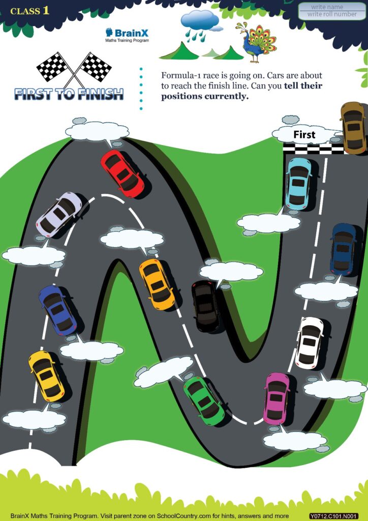 A worksheet titled “First to Finish” shows cars on a winding racecourse and asks students to tell their current positions. A blank name and roll-number box appears at the top.