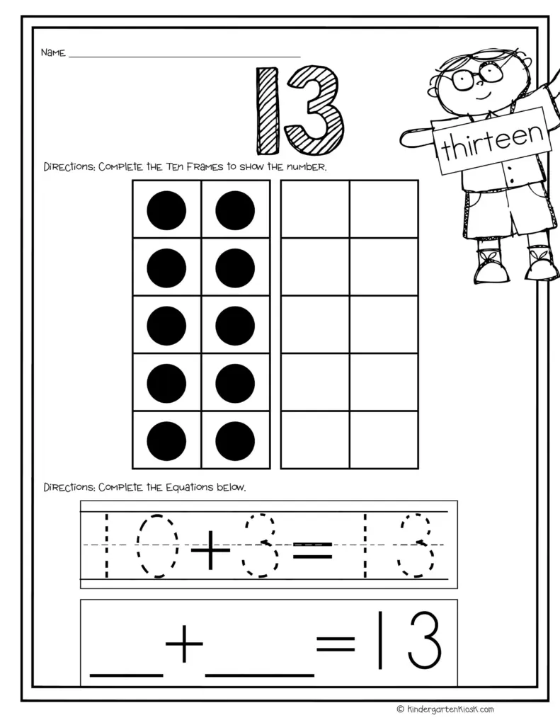 A number 13 worksheet with ten-frame grids, a child holding a “thirteen” sign, and addition equations to complete.