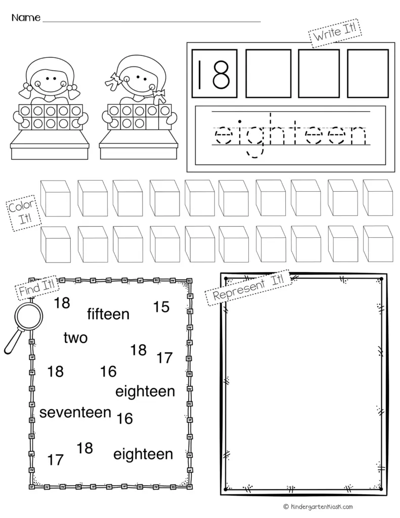 Teen-number worksheet with tracing practice for 18, rows of uncolored cubes, a number-and-word search, and a blank box for representing a number.
