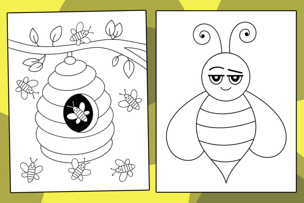Two black-and-white bee coloring pages: one shows bees around a beehive beneath a leafy branch, and the other shows a large cartoon bee with curled antennae.