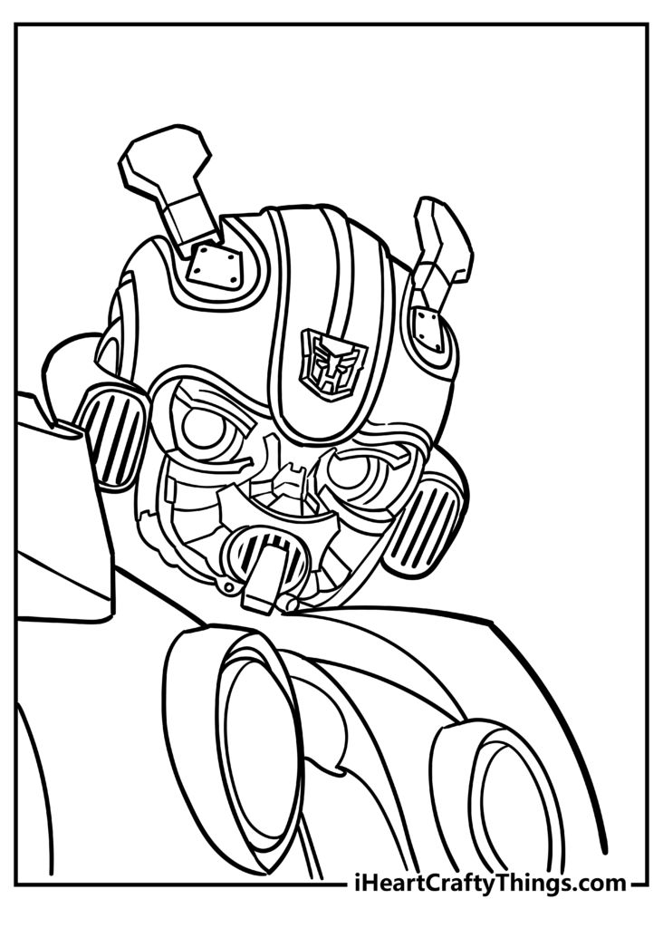 Black-and-white coloring page of a detailed robot head and upper body, with mechanical eyes, antennae, and armor panels.