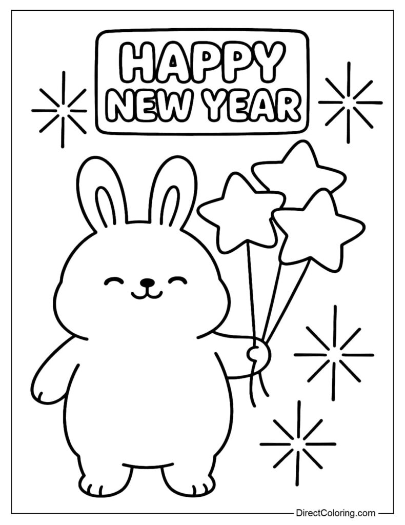 Black-and-white New Year coloring page showing a smiling bunny holding star-shaped sparklers beneath “HAPPY NEW YEAR” lettering.