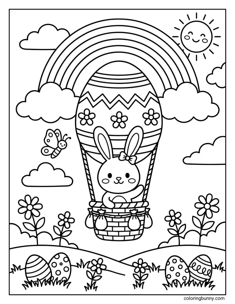 Black-and-white Easter coloring page showing a bunny riding in an egg-shaped hot-air balloon beneath a rainbow, with flowers, clouds, a butterfly, and decorated eggs.