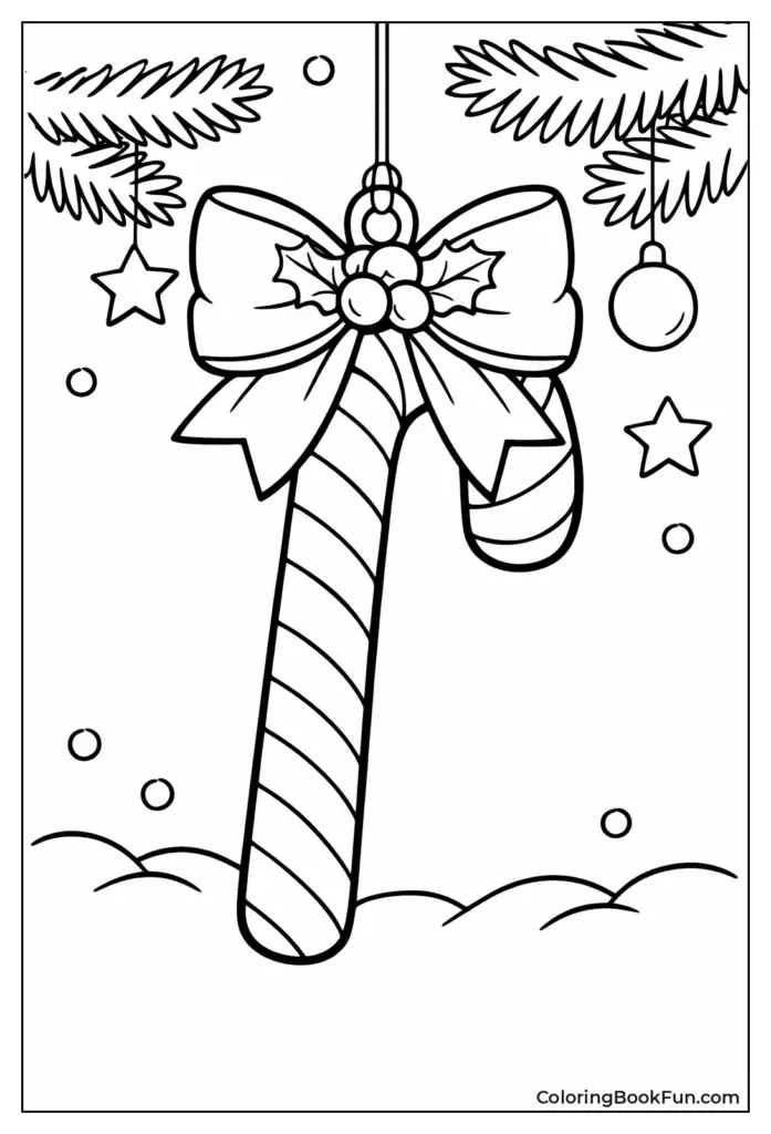 A candy cane with diagonal stripes and a large holly-decorated bow, surrounded by hanging ornaments, stars, and snowy branches.